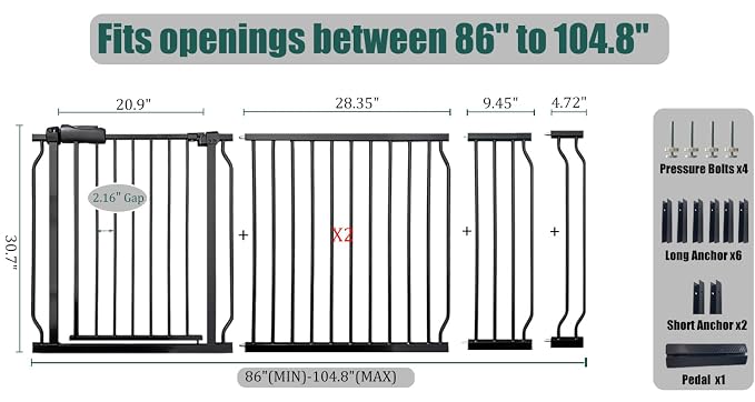 Extra Wide Baby Gate 86-105" Dog Gate Indoor Pressure Mounted No Drill Safety Gate for Kitchen, Doorways & Hallways, Black Metal Pet Gate for Dogs