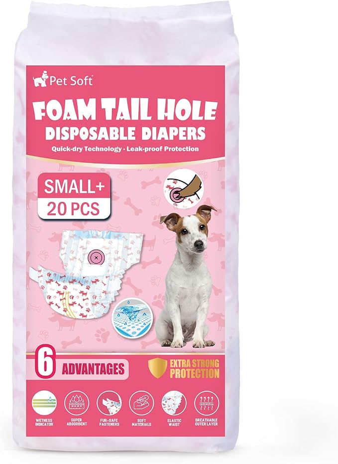 Pet Soft Disposable Dog Diapers - Female Dog Diapers with Adjustable Foam Tail Hole, Ultra Protection Puppy & Cat Diapers Wetness Indicator for Dogs in Heat or Incontinence,20pcs (S+,Red)