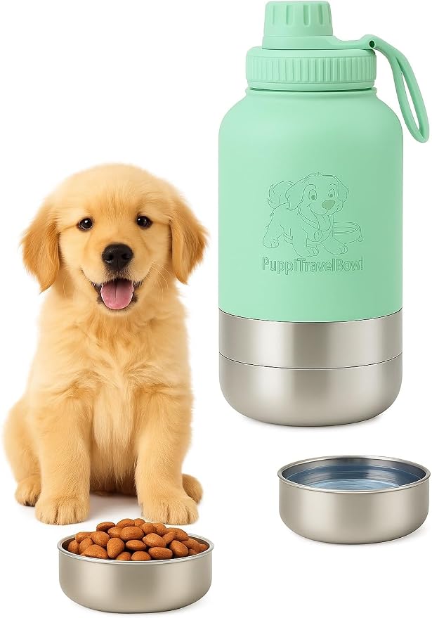 PuppiLovePets PuppiTravelBowl - Dog Travel Food & Water Bottle (Green)