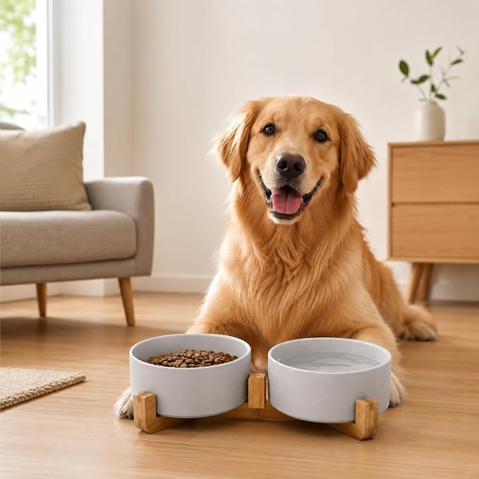 Petygooing Dog Bowls,Grey Ceramic Cat Dog Bowl Set with Wood Stand for Food and Water,Non-Slip Cute Modern Pet Dish Set for Cats and Medium Dogs (28OZ/6.1 in)