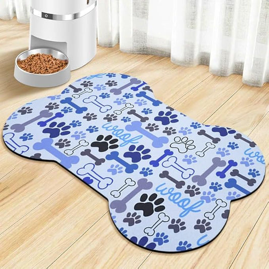 Dog Food Mats for Floors Waterproof, Pet Feeding Absorbent Water Bowl Mat Cat Placemats Blue Bone Shape 25.5 * 17 inch