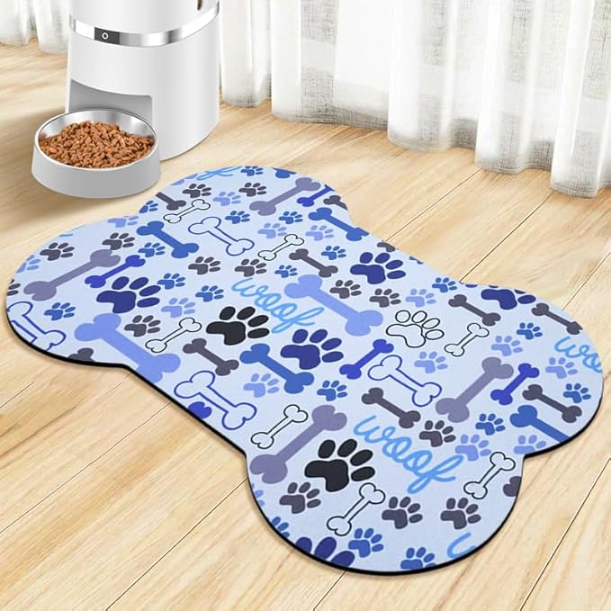 Dog Food Mats for Floors Waterproof, Pet Feeding Absorbent Water Bowl Mat Cat Placemats Blue Bone Shape 23.6 * 15.7 inch