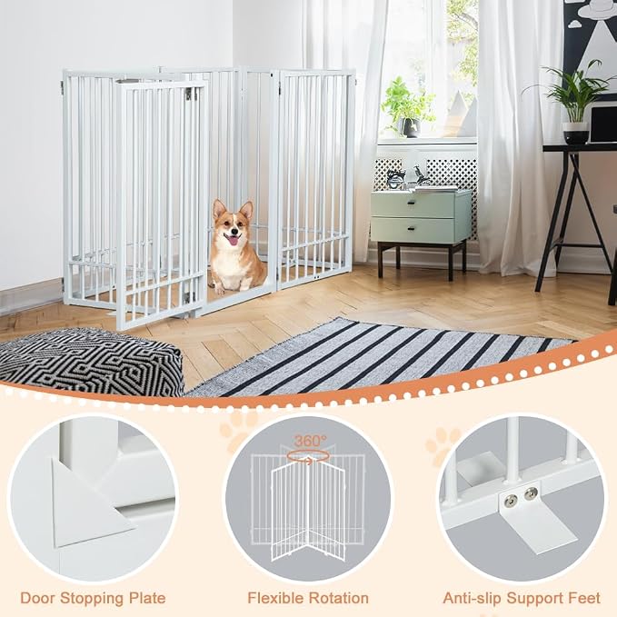 SMONTER Freestanding Dog Gate with Door Walk Through, 120'' Extra Wide Indoor Dog Fence, 31.5'' H 6 Panels Foldable Metal Pet Puppy Gate for Stairs, Hallways, Doorway, White