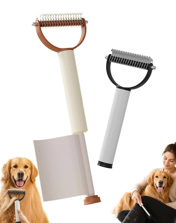 2 in 1 Pet Dematting Comb & Integrated Lint Roller, Stainless Steel Undercoat Rake for Dogs & Cats, Painless Tangle & Mat Remover, Extra Wide Grooming Tool for Long-Haired Breeds (2 Colors)