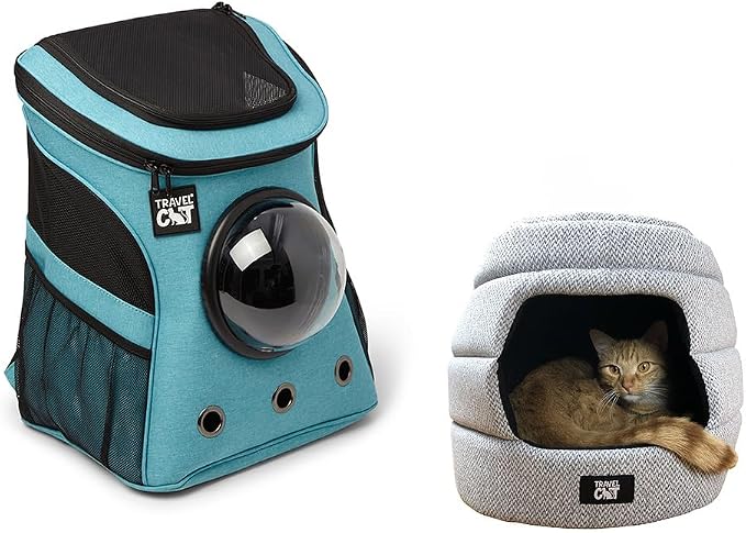 Fat Cat Backpack Carrier & Collapsible Hideaway Cat Bed Set – Airline Approved Carrier with Space Capsule Window and Cozy, Convertible Cat Cave for Travel and Home