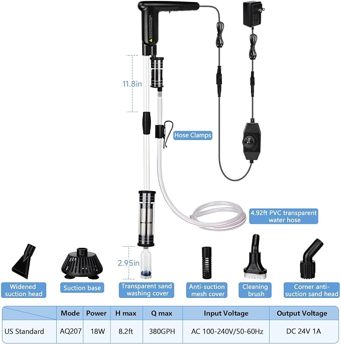 AQQA Upgraded DC 18W Electric Aquarium Vacuum Gravel Cleaner, Anti-Clog Pre-Filter Design, 7-in-1 Multifunctional Fish Tank Cleaning Kit for Dirt Removal, Water Change, Sand Washing, Turtle Shower
