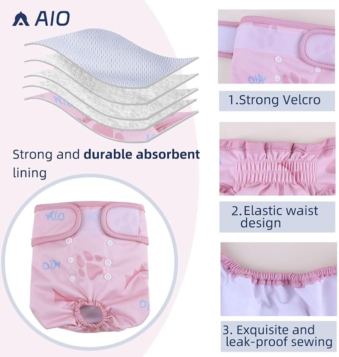 AIO Dog Diapers Female(3 Pack), Small Medium Large Highly Absorbent Wraps Reusable Dog Diapers Female