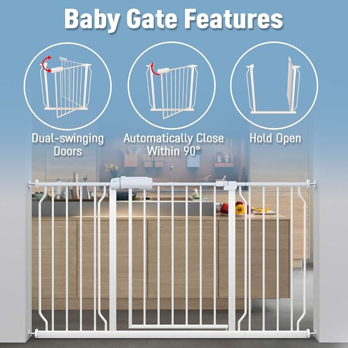 ALLAIBB Extra Wide Pressure Mounted Baby Gate Walk Through Child Kids Safety Toddler Tension White Long Large Pet Dog Gates with Extension for doorways Kitchen (24.02-29.13/61-74cm, White)