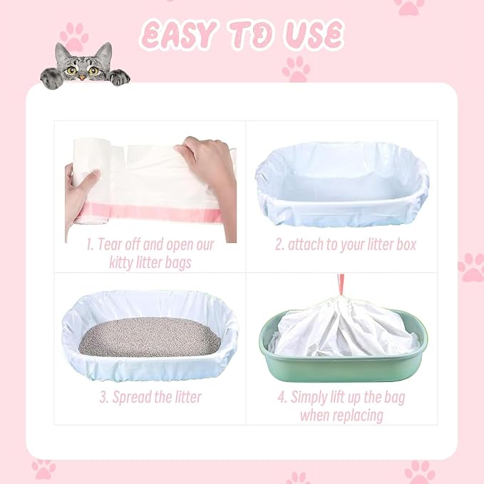 50 Counts Cat Litter Box Liners, 38" x 17" Drawstring Bags for Kitty Litter Pan Receptacles, One Step Cleaning, Heavy Duty, Extra Thick & Tear Resistant (Large Size / 50 Counts)