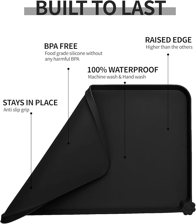 Reopet Silicone Pet Feeding Mat - Waterproof & Non-Slip Dog Cat Placemat | High Raised Edges Prevent Food & Water Spills to Protect Floors, Easy to Clean, Fit for Dog Cat Bowls