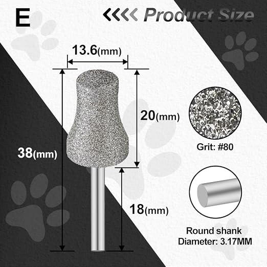 Diamond Dog Nail Grinder Bits - FOCSTOL Diamond Rotory Bit for Dogs&Pets, 5pcs 1/8'' Rotary Nail Grinder Bits for Animals Nail Care (Type E)