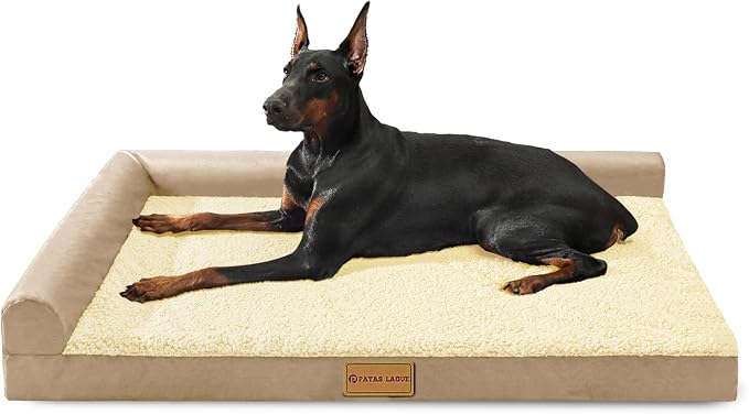 Patas Lague Orthopedic Jumbo Dog Bed for Extra Large Dogs 56''X40'', Waterproof L Bolster Jumbo Pet Sofa Beds with Removable Washable Cover, Soft Pet Couch Crate Mat with Nonskid Bottom, Beige
