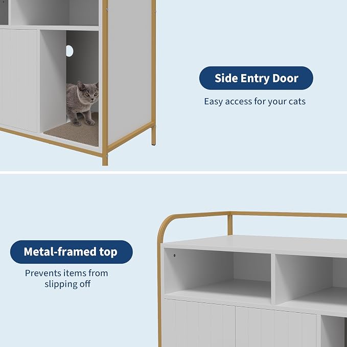 Garvee Cat Litter Box Enclosure Furniture Wooden Hidden Indoor Cat Washroom House Cabinet with 2 Open Compartments Scratching Mat Double Door Storage Cabinet Front Entry Air Vents Metal Frame