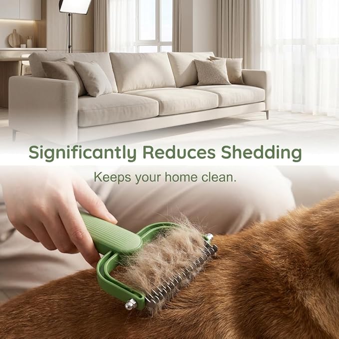 Double Sided Dematting Comb for Dogs Cats, 2026 Upgrade Undercoat Rake Pet Grooming Brush, Deshedding Tool Removes Tangles Knots and Loose Fur for Thick Coats Long Hair Pet (Green S*Gray L)