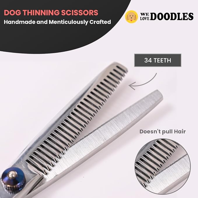 We Love Doodles Rounder Tips Dog Grooming Scissors Kit & Pin Dog Brush - Straight, Curved & Thinning Shear Professional Grade Steel, Dog Brush for Shedding and Removing Loose Fur