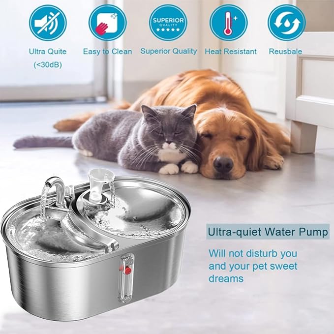 Dual Bowl Cat Water Fountain 3L/101oz,Stainless Steel Pet Drinking Fountain,2-in-1 Cat Bowls for Food-Wate(Water-Water),Ultra-Silent Automatic Dog Water Dispenser with Pump and 5 Filters