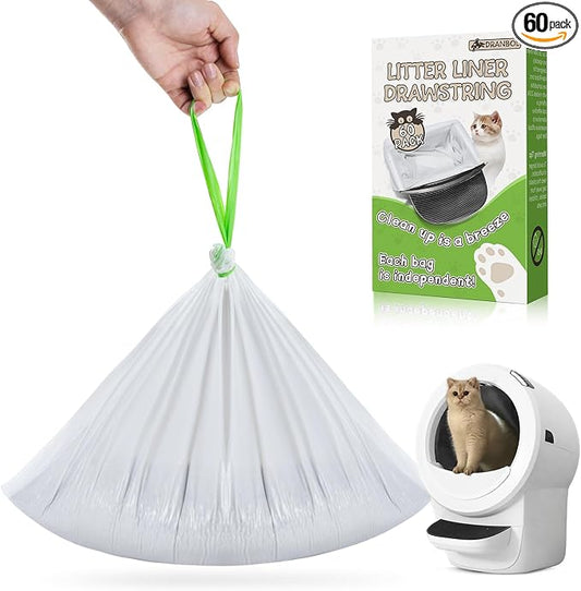 60 Count Cat Litter Bags for Litter Box Robot 4/3/5, Pre-Separated Thick Self-Cleaning Litter Box Liners, Heavy Duty Drawstring Litter Bags for Automatic Litter Box, 26.4" x 15.7"