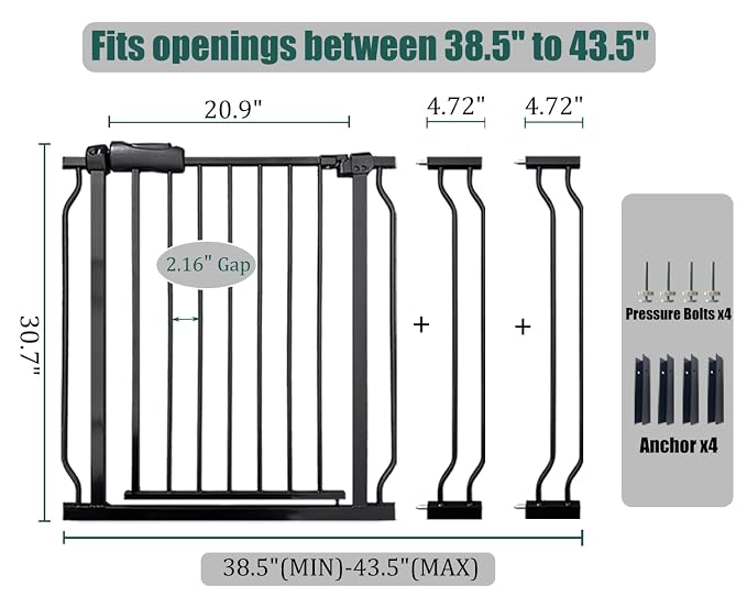 Baby Gate 38.5-43.5" Dog Gate Pressure Mounted Walk Through Safety Gate for Stairs & Doorways, Black Metal with Extension Kit, No Drilling Indoor Pet Gate
