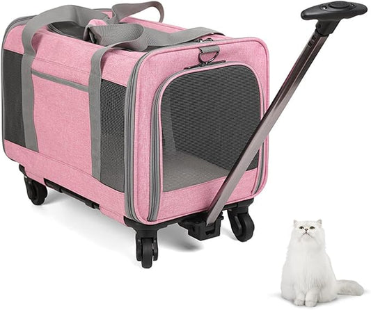 Cat Carrier, Airline Approved Dog Carrier with Wheels, Pet Carrier for Pet with Telescopic Walking Handle,Easy to Fold for Small Cats and Dogs
