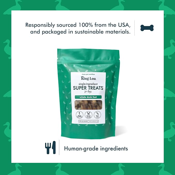 King Lou Pets Whole Duck Feet for Dogs, Single-Ingredient, Dehydrated Duck Feet Dog Treats, Human-Grade, Crunchy Dental Chews for Canine Hip & Joint Support, 10 Count