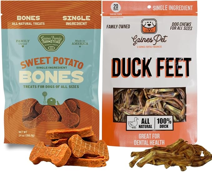 Gaines Family Farmstead Duck Feet & Sweet Potato Dog Treats Bundle – 20 ct Duck Feet + 14 oz Sweet Potato Bones, Grain-Free, Single Ingredient Chews, Healthy Dog Snacks, Made in USA