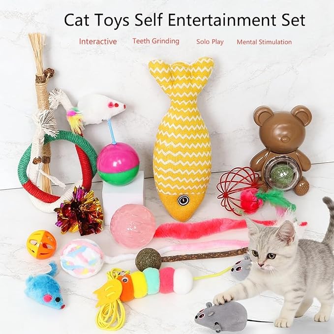 Cat Toys Kitten Toys Assortment, 12 Pack Interactive Cat Toy Set with Catnip Fish, Silvervine Sticks, Bell Balls, Plush Mice, and Woven Rings for Indoor Cats Boredom Relief and Teeth Cleaning