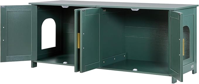 VEVOR Cat Litter Box Enclosure for Multi Cats, 47.2 in Hidden Litter Box Cabinet with 4 Rattan Doors & 2 Entries, Indoor Cat Washroom, Wooden Kitty House Furniture, Fit Most Litterboxes, Green