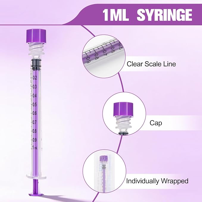 1ml Syringe with Cap, 1cc Plastic Syringes for Liquid, Feeding, Individually Wrapped 50 Pack