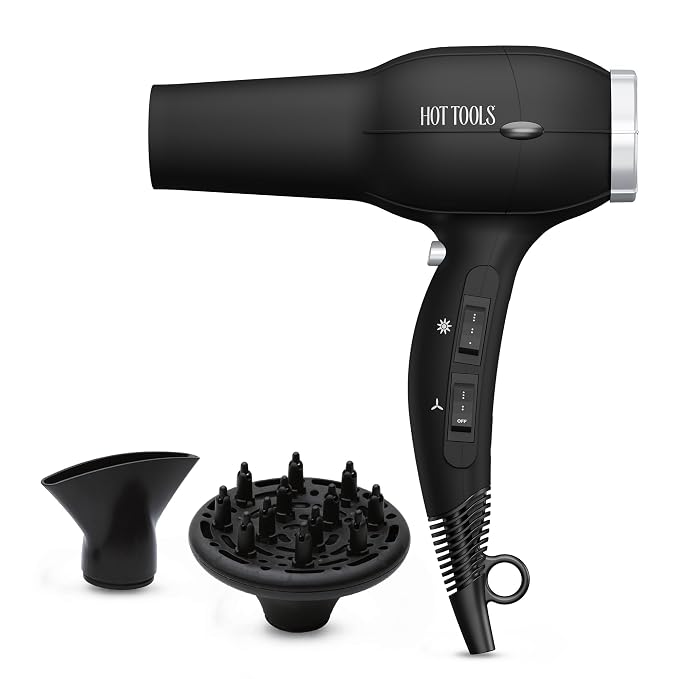Hot Tools Pro Artist Turbo Ionic Hair Dryer, 1875W High Airflow for Fast Drying, Lightweight Design, Frizz Control, Diffuser and Concentrator, Multiple Heat Settings, Cool Shot, Black