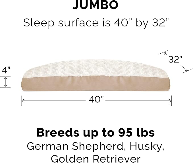 Furhaven Pillow Dog Bed for Large Dogs w/ Removable Washable Cover - Ultra Plush Faux Fur & Suede Mattress - Cream, Jumbo/XL