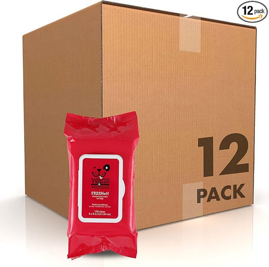 Wags and Wiggles Freshen Deodorizing Wipes for Dogs, Fresh Strawberry Scent - Dog Wipes that Eliminate Odors Between Baths, Easy at-Home Grooming, Dogs and Puppies, 100 Count - 12 Pack