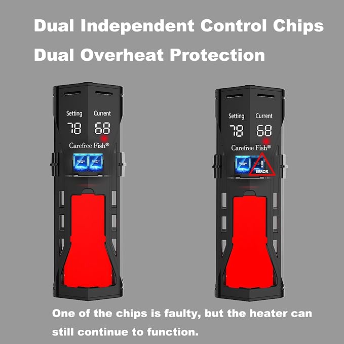 Carefree Fish 200/300/500/800W Aquarium PTC Ceramic Heater Dual Independent Chips Dual Overheat Protection Dual Water Level Sensors for Freshwater and Saltwater No Cooking Fish