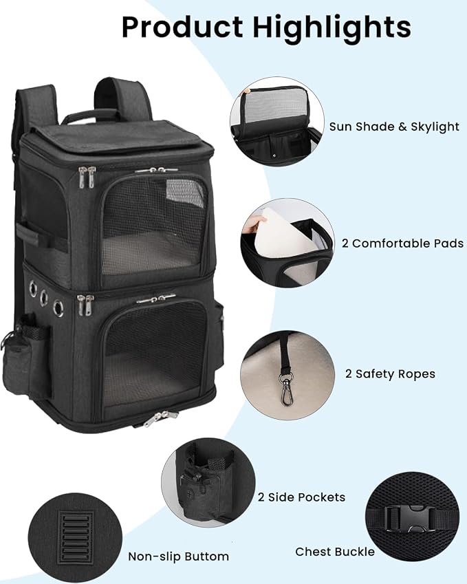 HOVONO Double-Compartment Pet Carrier Backpack for 2 Cats or Small Dogs, Dual Travel Dog Cat Carrier wih Breathable Mesh Windows, Fits Pets up to 20 lbs, Perfect for Traveling/Hiking/Camping, Black