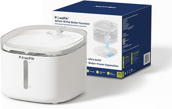 PawsPik NOVA-01 Wireless Cat Water Fountain, Rechargeable Cordless Cat Drinking Fountain with Water-Power Separation, Motion Sensor & Continuous Flow, Filtered Automatic Cat Water Dispenser, White