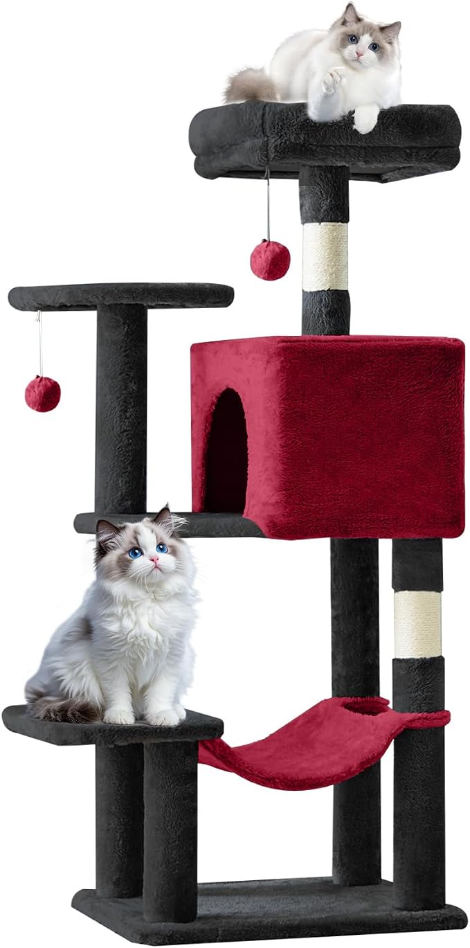 Cat Tree Tower 44 Inch, Small Cat Tower with Condo, Hammock, Sisal Scratching Posts, Extended Perch, Pet Play House for Indoor Kittens and Cats, Black Red