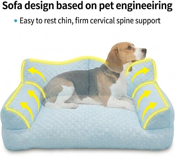 Cooling Dog Bed Cat Bed, Washable Pet Sofa Bed with 5D Breathable Fabric, Orthopedic Calming Bolster Bed for Small Medium Large Dogs & Cats, High-Resilience PP Cotton Blue 21.7"x15.7"x9.8"