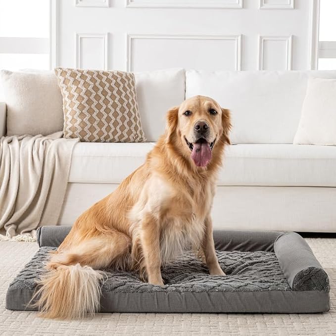 Dog Bed, L-Shaped Plush Sofa with Bolster, Memory Foam Pet Bed, Machine Washable Cover, for All Dog and cat Breeds (Dark Gray, 35" x 25" x 6.5")