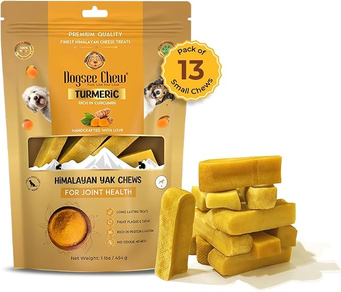 Dogsee Himalayan Yak Cheese with Turmeric 1lb (Small - 13 Pieces),60% Protein, Rawhide-Free Treats for Small Dogs, Supports Joint Health, Improves Dental Health