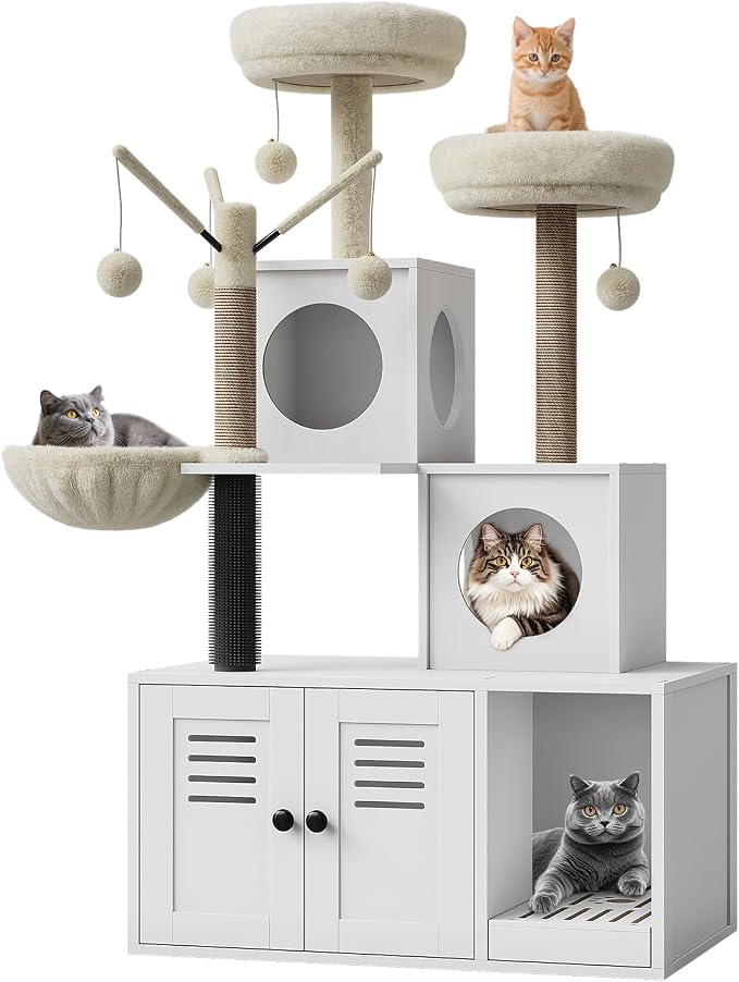 Garvee 53.7-Inch Litter Box Enclosure with Cat Tree, 2-in-1 Modern Large Cat Tower for Indoor Cats with Condo/Hammock/Scratching Post/Plush Perch/Caves, Wooden Hidden Litter Box Furniture, White