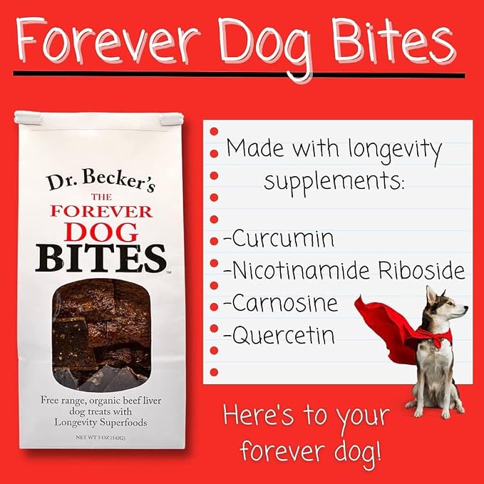 Dr. Becker's The Forever Dog Beef Bites | Made with Curcumin, Nicotinamide Riboside, Carnosine & Quercetin | Organic Beef Liver Training Treats for Dogs & Cats, 5 oz (Pack of 3)