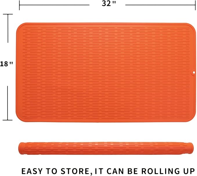 MicoYang Silicone Dish Drying Mat for Multiple Usage,Easy clean,Eco-friendly,Heat-resistant Silicone Mat for Kitchen Counter or Sink,Refrigerator or Drawer Liner Orange 4XL 32 inches x 18 inches