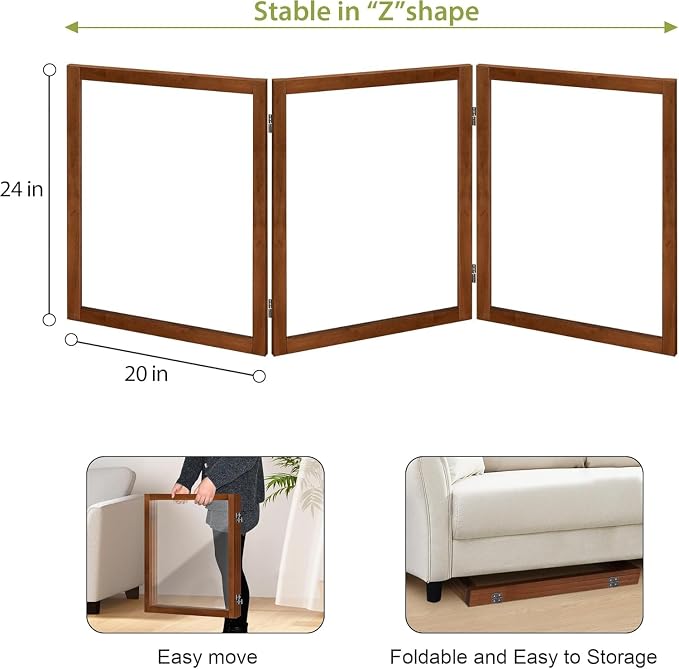 LZRS Clear Dog Gate for Indoor Use - Transparent Pet Fence with Solid Hardwood and Plastic Board, Stylish & Durable freestanding Pet Gate for Doorways, Stairs and Hallways-3 Panel Cherry
