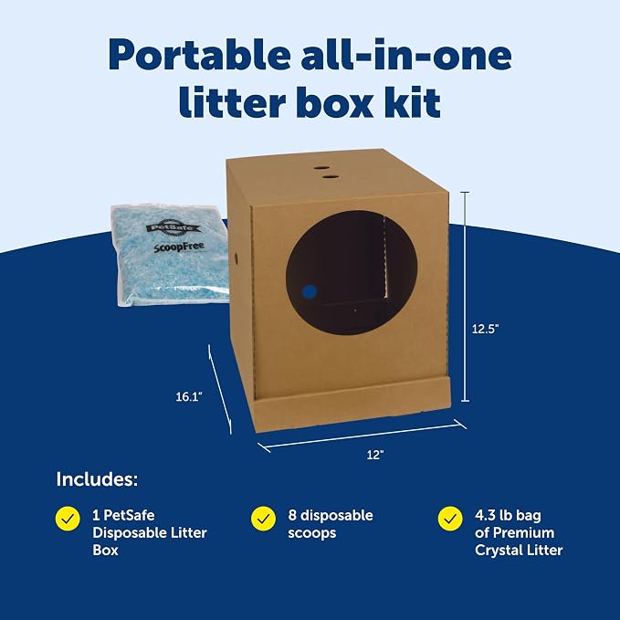 PetSafe Disposable Litter Box with Litter - Collapsible, No-Mess Box with Reliable, Leak-Proof Protection & Superior Odor Control - Includes 4.3 lb Bag Crystal Pebbles & 8 Disposable Scoops