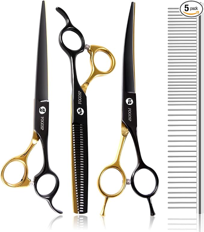 Dog Grooming Scissors Kit for Small Dogs, Black and Gold Two-Color Blender Shears Curved Scissors Straight Scissors 3pcs Set(Black&Gold,Kit)