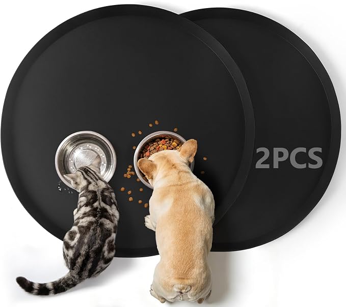 20" Silicone Pet Food Mat, 2PCS Waterproof Feeding Mat for Dog & Cat Extra Large Dog Bowl Mats with Raised Edge, Non-Slip, Protects Floors, Easy to Clean (Black)