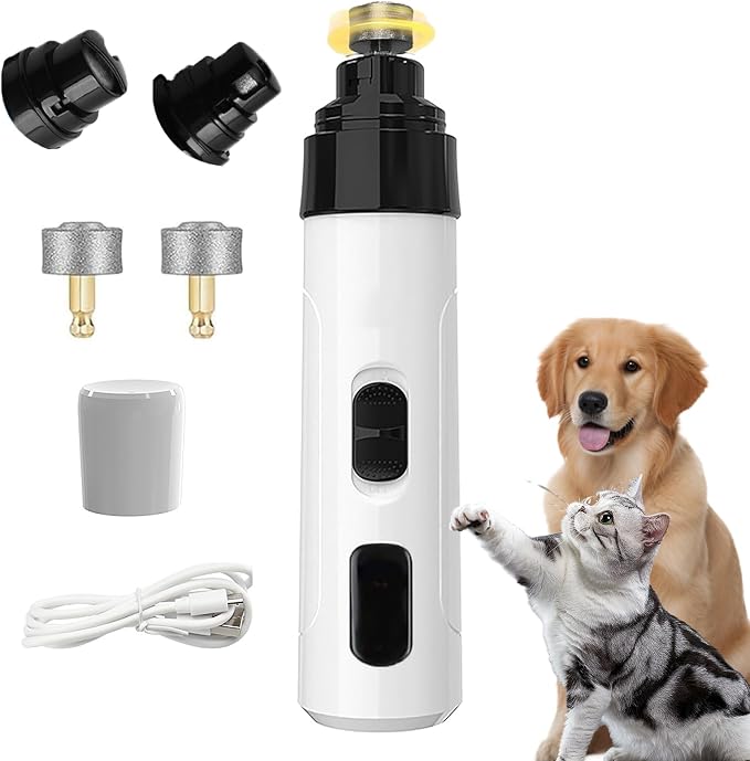 Upgraded Quiet Dog Nail Grinder, Professional 2-Speed Rechargeable Pet Nail Trimmer for Small/Medium/Large Dogs & Cats, Painless Paw Grooming with 2 Replacement Grinding Heads(M1)