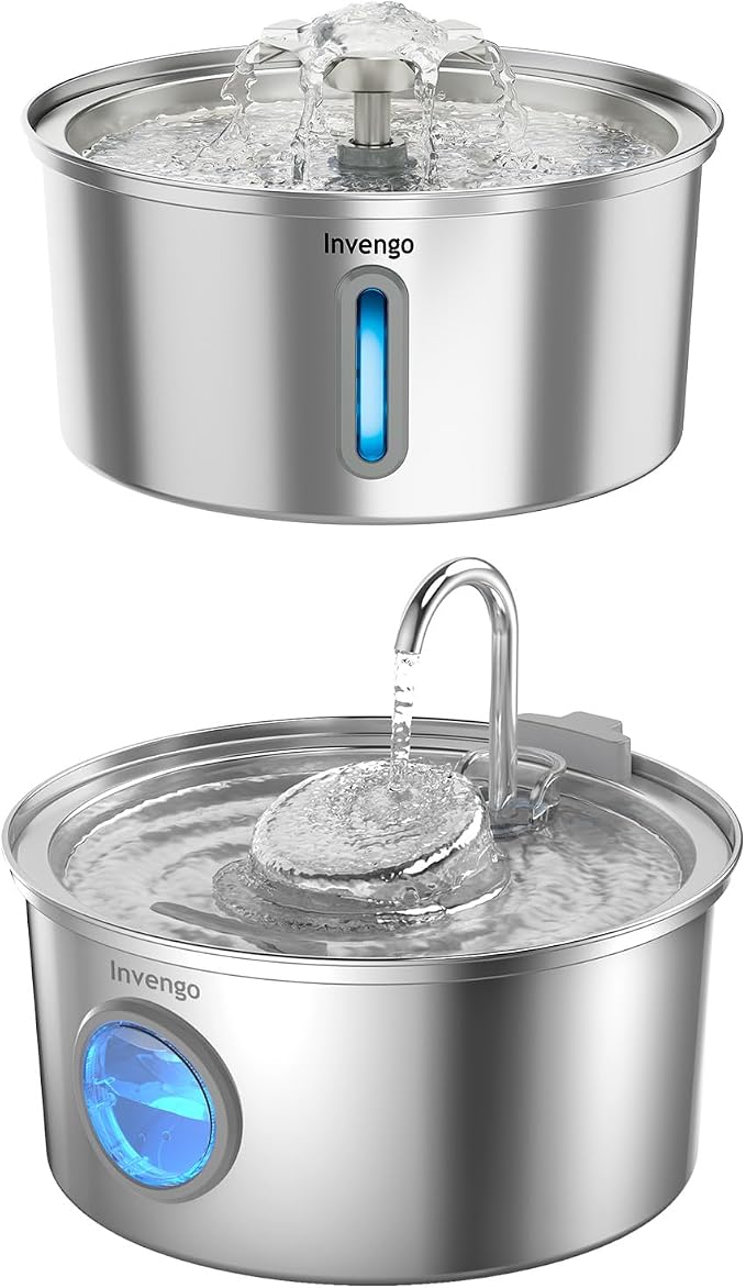 Invengo Cat Water Fountain Stainless Steel, 3.2L/108oz Pet Drinking Fountain for Cats Dogs Bundle
