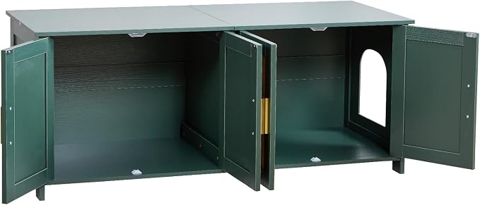 VEVOR Cat Litter Box Enclosure for Multi Cats, 47.2 in Hidden Litter Box Cabinet with 4 Rattan Doors & 2 Entries, Indoor Cat Washroom, Wooden Kitty House Furniture, Fit Most Litterboxes, Green
