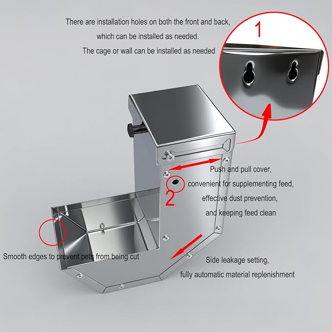 Small Animal Feeder for Rabbits - Stainless Steel Gravity Feeding with Sliding Lid, Anti-Corrosion, Durable for Outdoor & Indoor Cage Use, Holds Several Days' Food (2 Pcs)