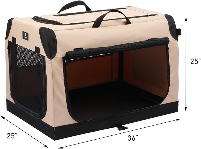 X-ZONE PET 3-Door Portable Soft-Sided Folding Soft Dog Travel Crate Collapsible Pet Kennel,X-Large, 36 x 25 x 25 Inches,Tan